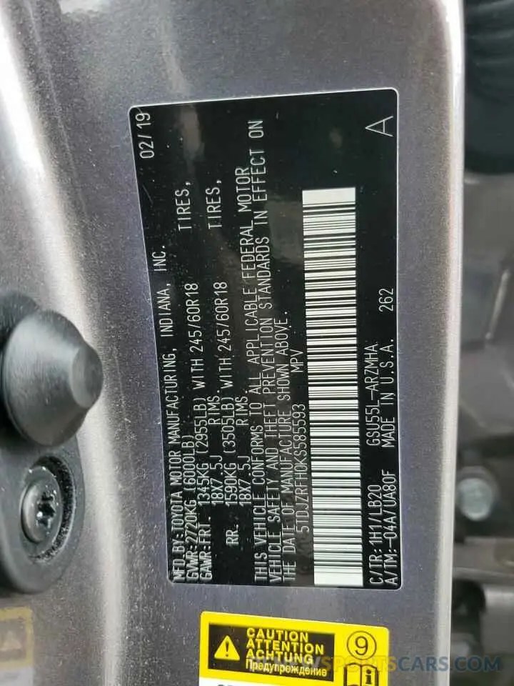13 Фотография поврежденного автомобиля 5TDJZRFH0KS585593 TOYOTA HIGHLANDER 2019