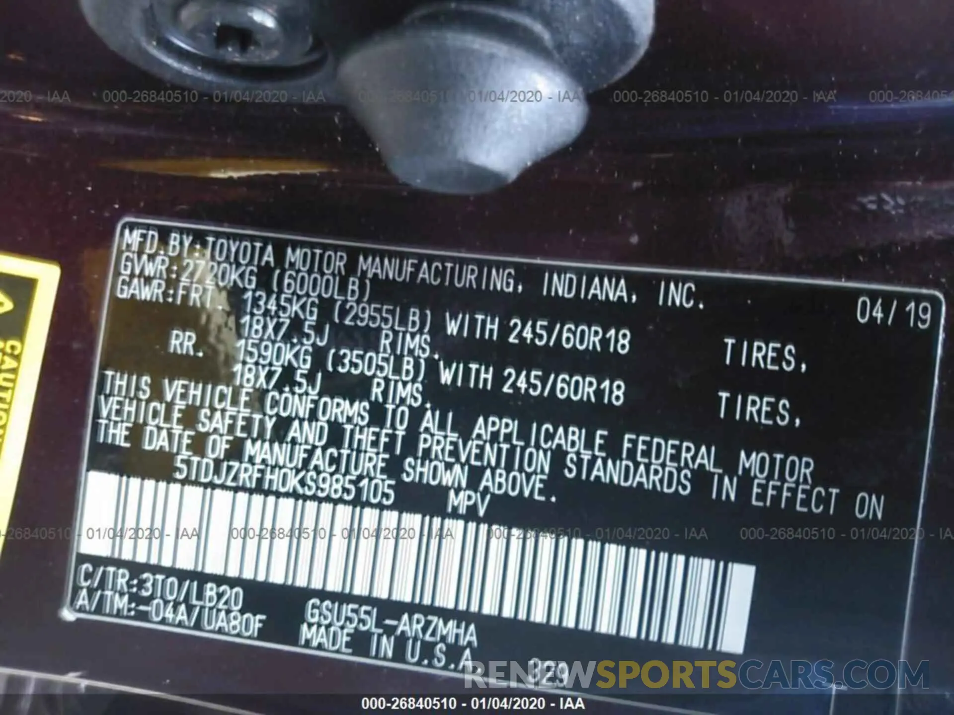 9 Фотография поврежденного автомобиля 5TDJZRFH0KS985105 TOYOTA HIGHLANDER 2019