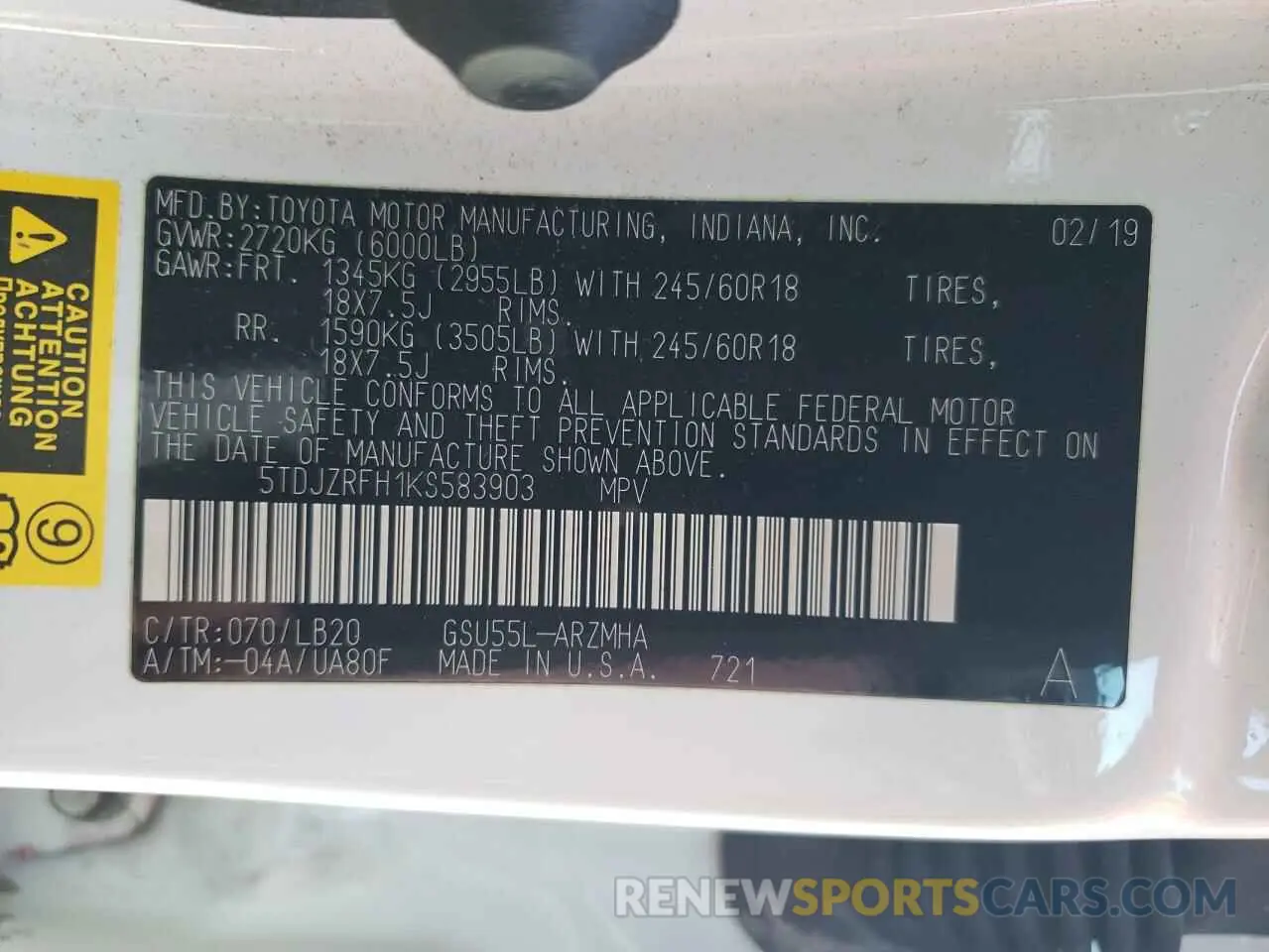 16 Photograph of a damaged car 5TDJZRFH1KS583903 TOYOTA HIGHLANDER 2019