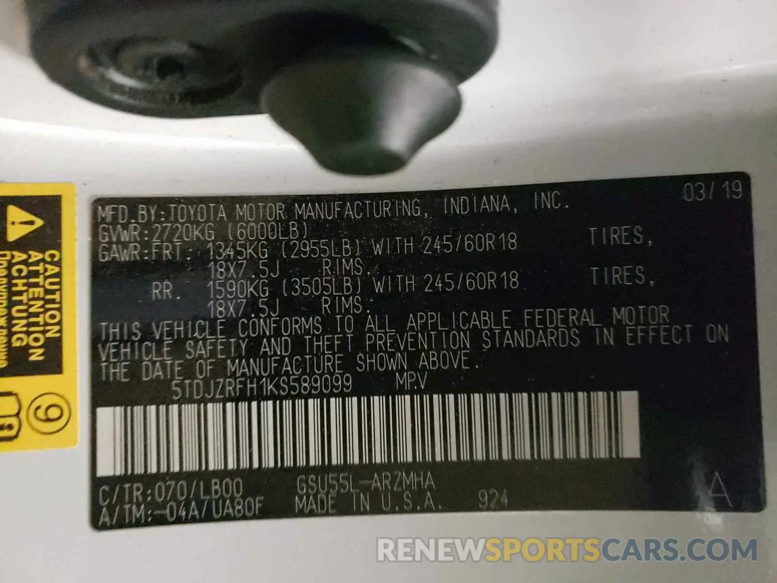 10 Photograph of a damaged car 5TDJZRFH1KS589099 TOYOTA HIGHLANDER 2019