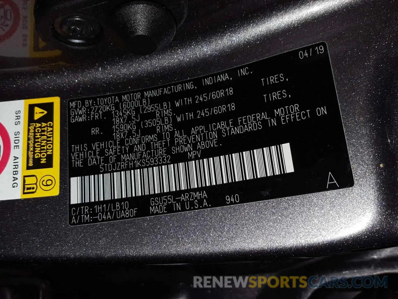 10 Photograph of a damaged car 5TDJZRFH1KS593332 TOYOTA HIGHLANDER 2019