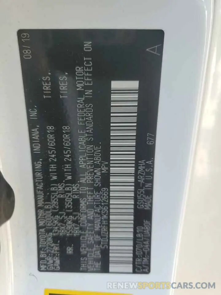 13 Photograph of a damaged car 5TDJZRFH1KS612669 TOYOTA HIGHLANDER 2019