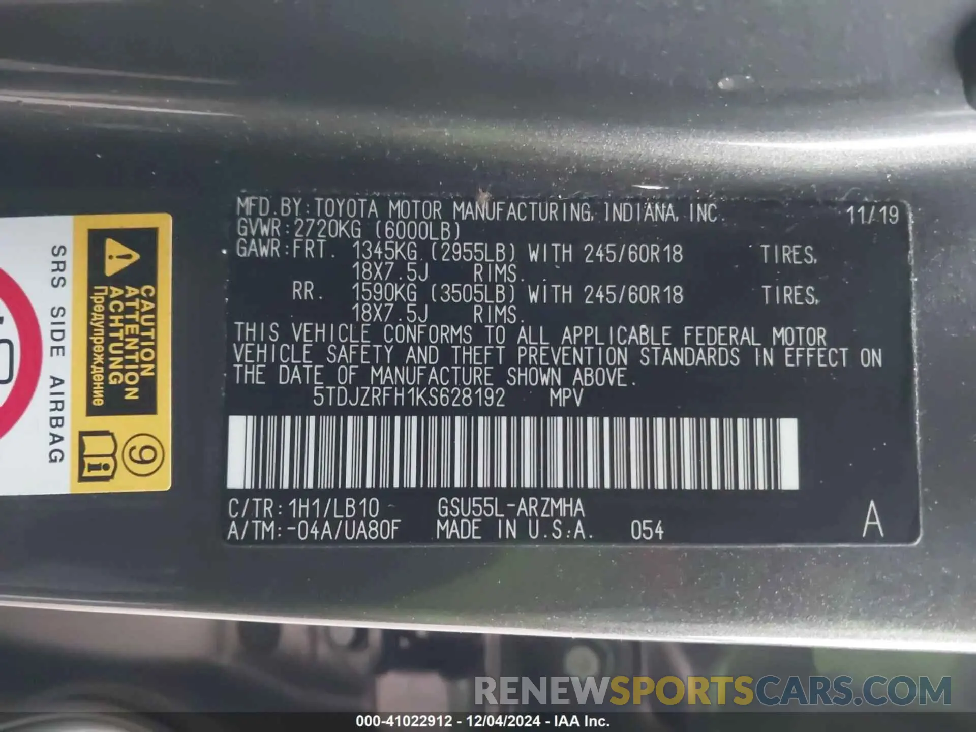 9 Фотография поврежденного автомобиля 5TDJZRFH1KS628192 TOYOTA HIGHLANDER 2019
