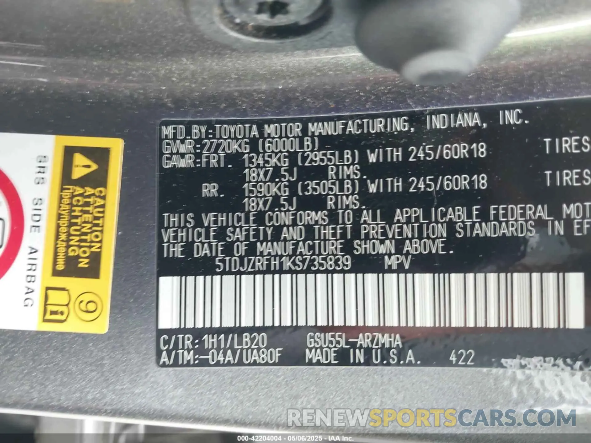 9 Photograph of a damaged car 5TDJZRFH1KS735839 TOYOTA HIGHLANDER 2019
