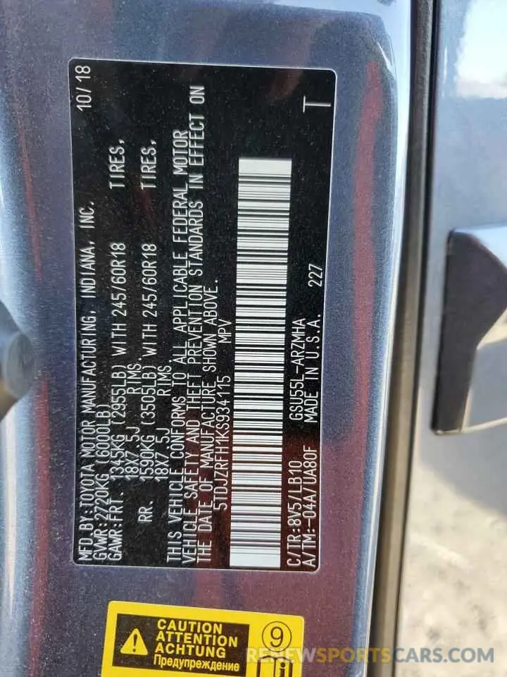 14 Photograph of a damaged car 5TDJZRFH1KS934115 TOYOTA HIGHLANDER 2019