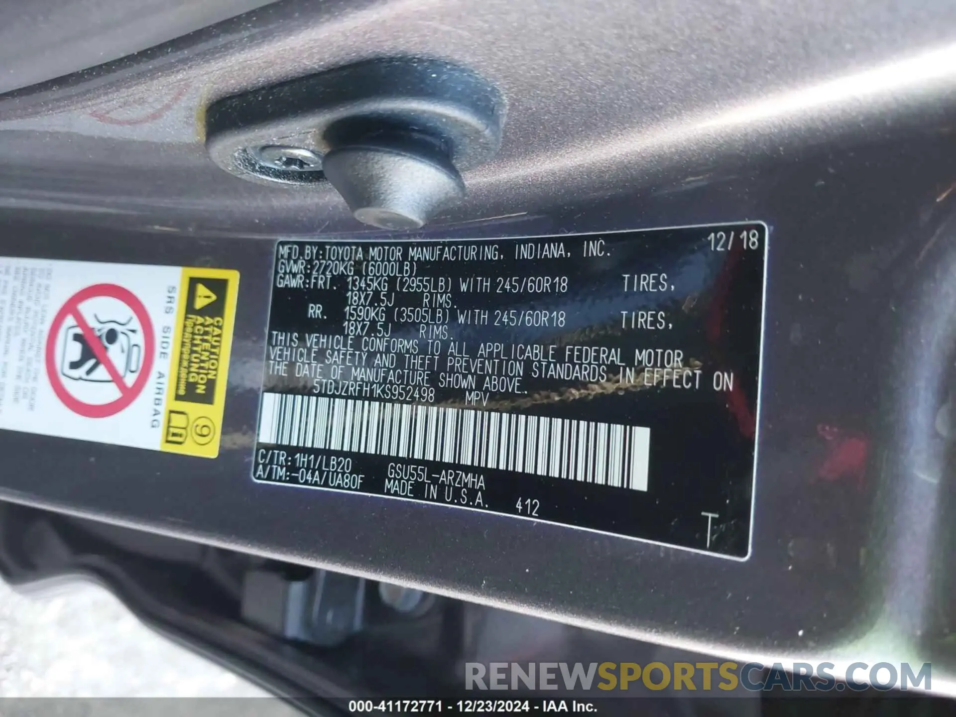 9 Фотография поврежденного автомобиля 5TDJZRFH1KS952498 TOYOTA HIGHLANDER 2019