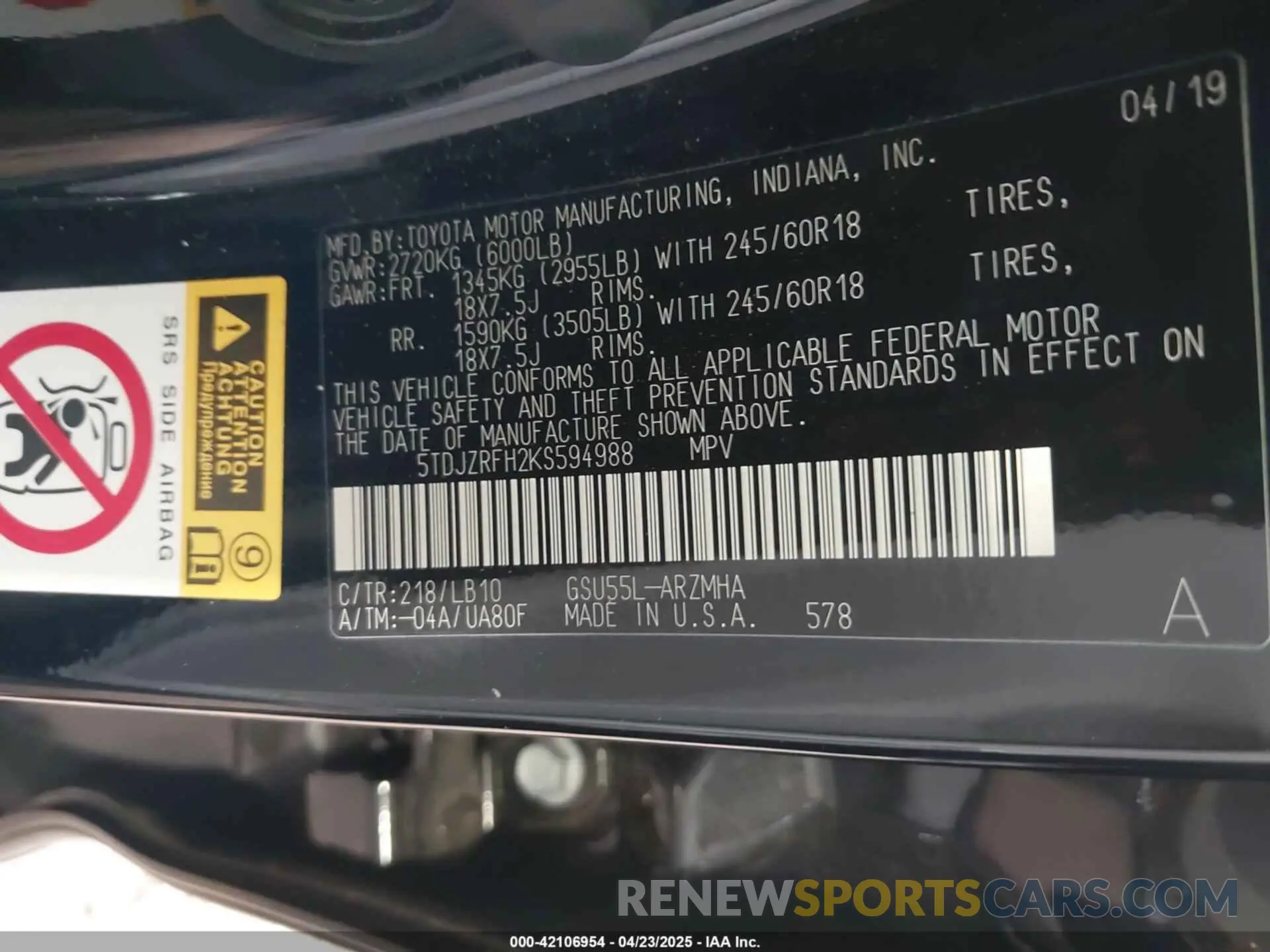 9 Фотография поврежденного автомобиля 5TDJZRFH2KS594988 TOYOTA HIGHLANDER 2019