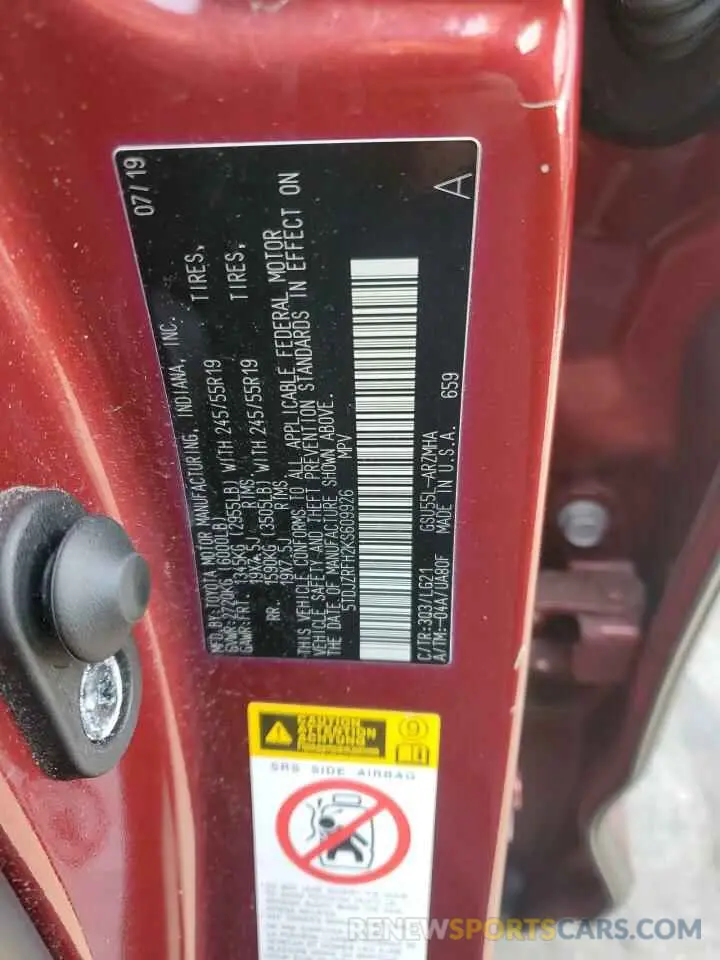 13 Фотография поврежденного автомобиля 5TDJZRFH2KS609926 TOYOTA HIGHLANDER 2019