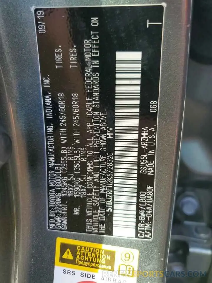 10 Фотография поврежденного автомобиля 5TDJZRFH2KS728320 TOYOTA HIGHLANDER 2019