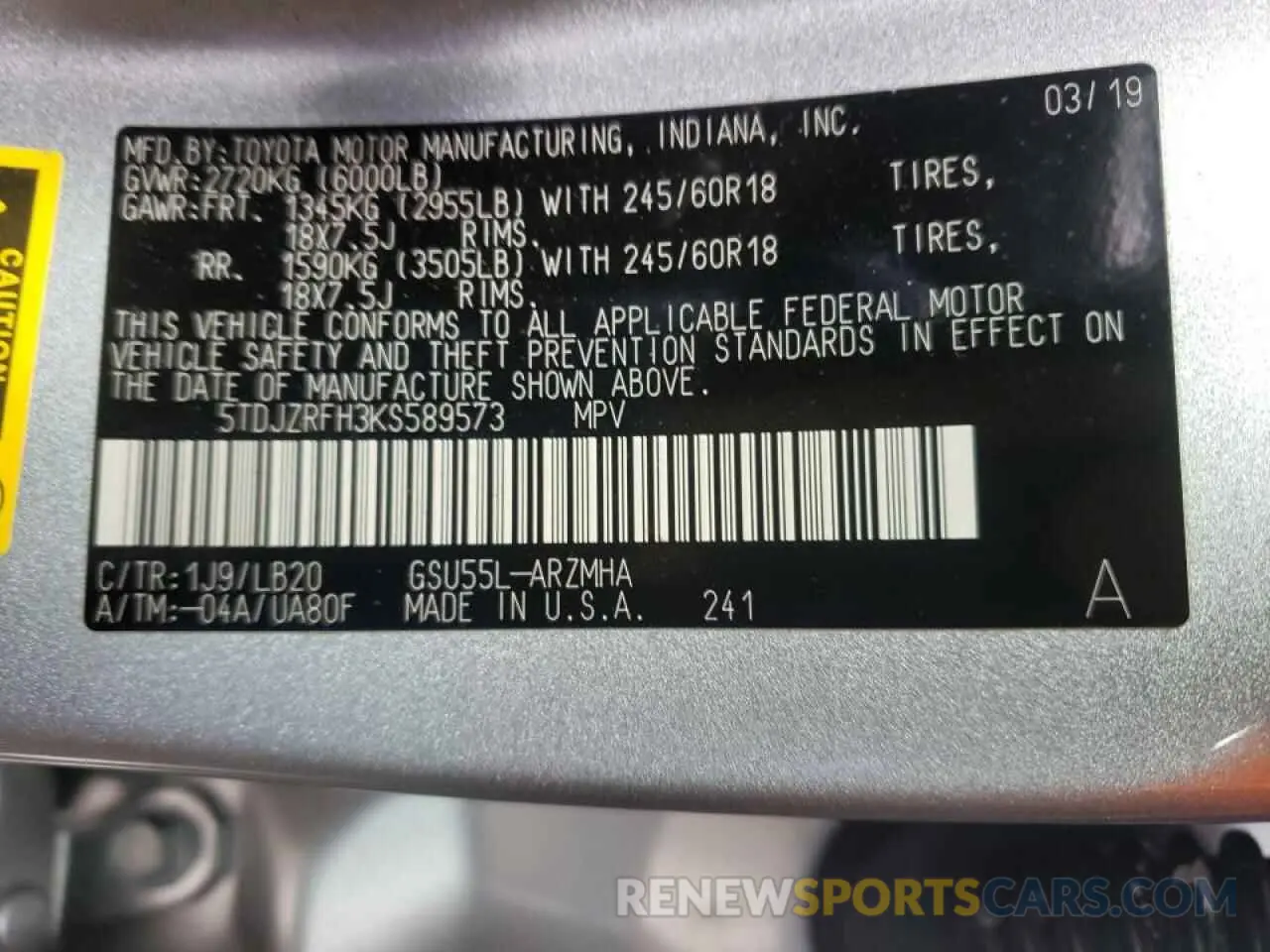 10 Photograph of a damaged car 5TDJZRFH3KS589573 TOYOTA HIGHLANDER 2019