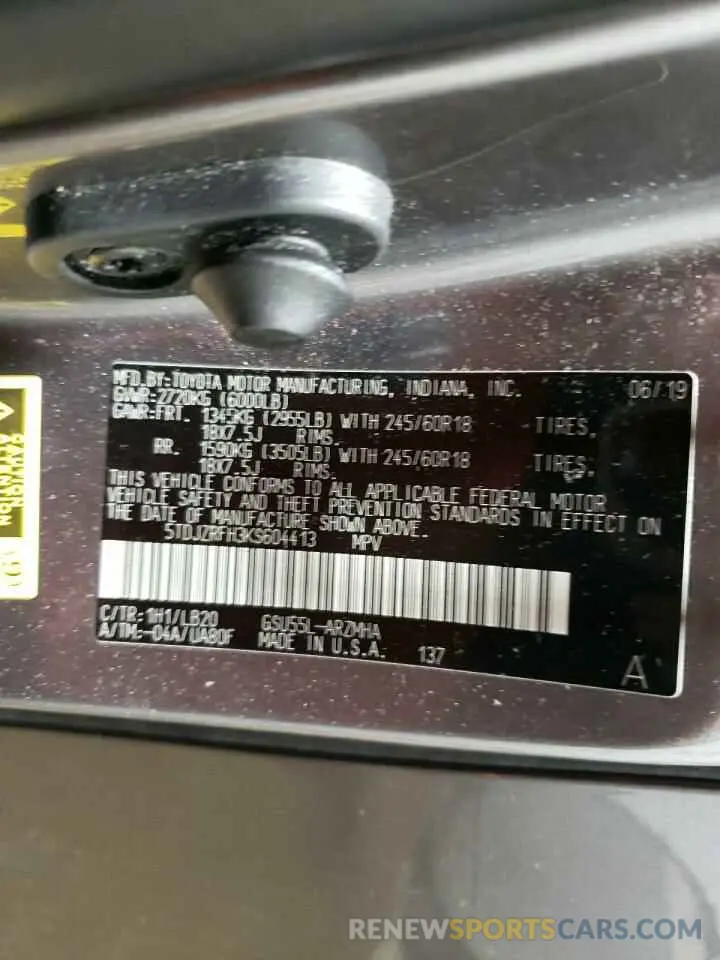 13 Photograph of a damaged car 5TDJZRFH3KS604413 TOYOTA HIGHLANDER 2019