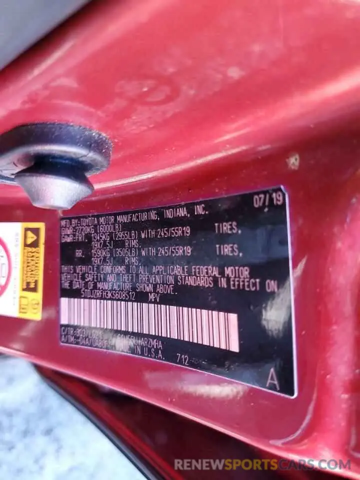12 Фотография поврежденного автомобиля 5TDJZRFH3KS608512 TOYOTA HIGHLANDER 2019