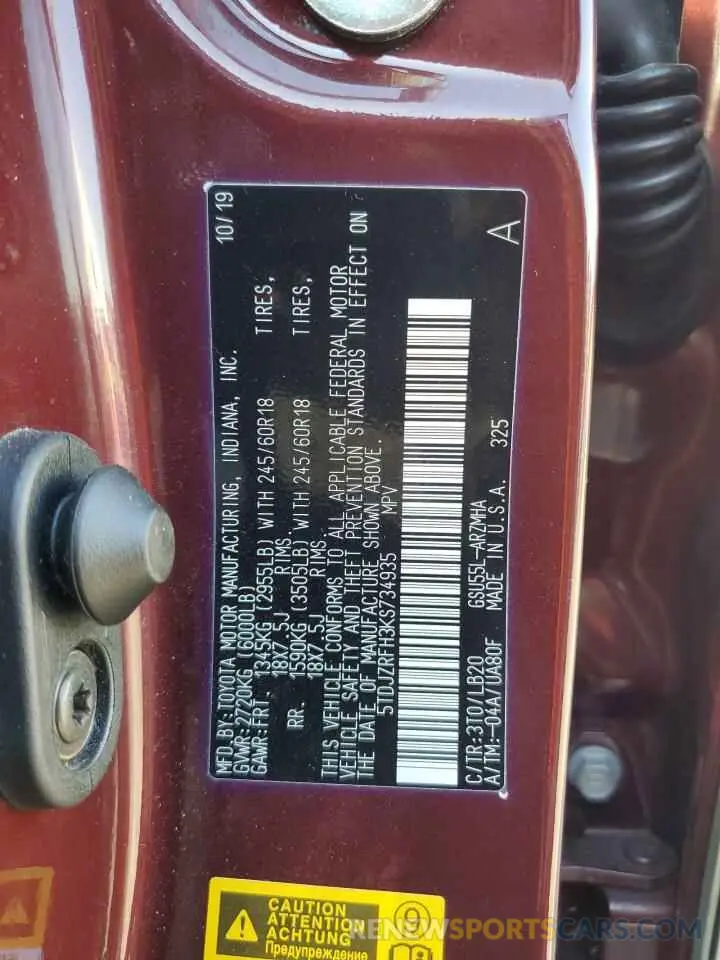 13 Фотография поврежденного автомобиля 5TDJZRFH3KS734935 TOYOTA HIGHLANDER 2019