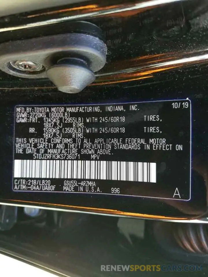 10 Фотография поврежденного автомобиля 5TDJZRFH3KS736071 TOYOTA HIGHLANDER 2019