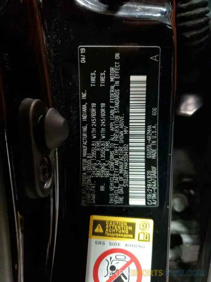 14 Фотография поврежденного автомобиля 5TDJZRFH4KS594992 TOYOTA HIGHLANDER 2019