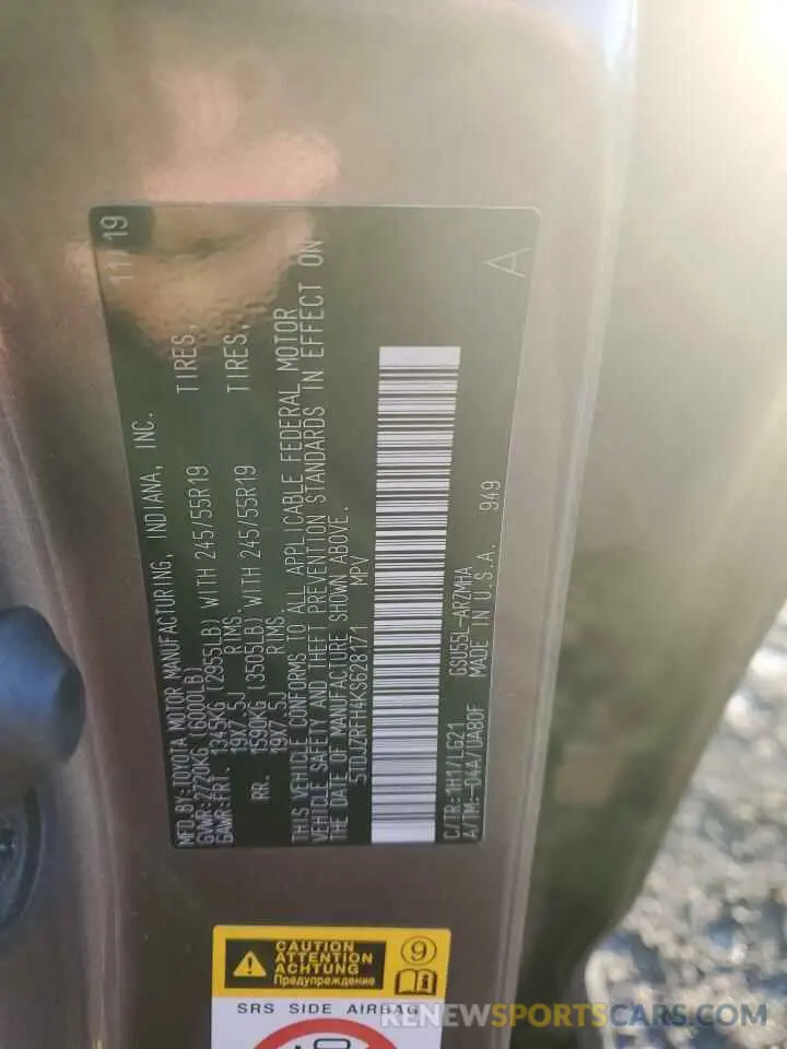 12 Photograph of a damaged car 5TDJZRFH4KS628171 TOYOTA HIGHLANDER 2019
