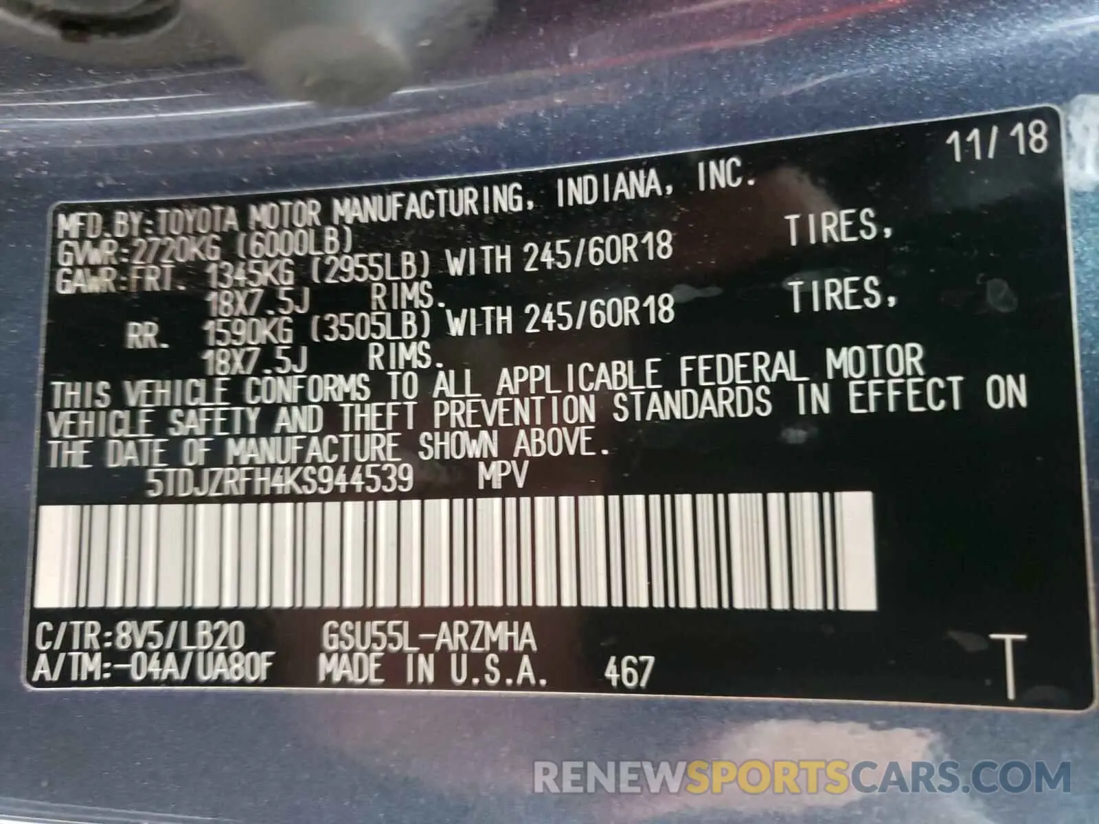 10 Photograph of a damaged car 5TDJZRFH4KS944539 TOYOTA HIGHLANDER 2019