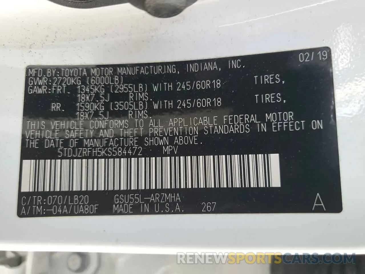 13 Фотография поврежденного автомобиля 5TDJZRFH5KS584472 TOYOTA HIGHLANDER 2019