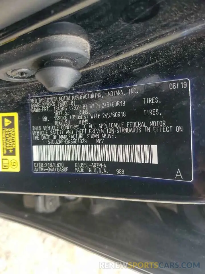 14 Photograph of a damaged car 5TDJZRFH5KS604039 TOYOTA HIGHLANDER 2019
