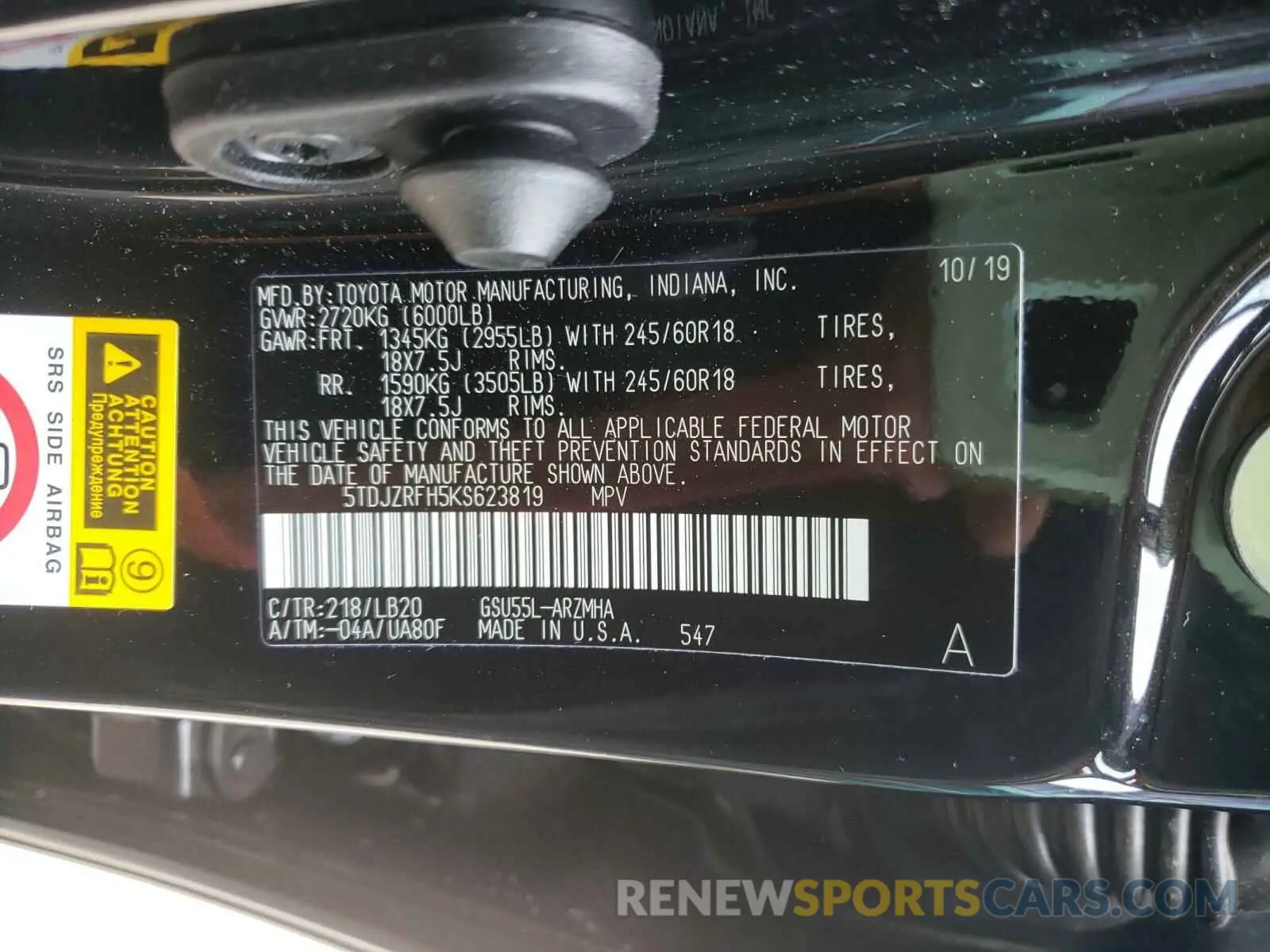 10 Photograph of a damaged car 5TDJZRFH5KS623819 TOYOTA HIGHLANDER 2019
