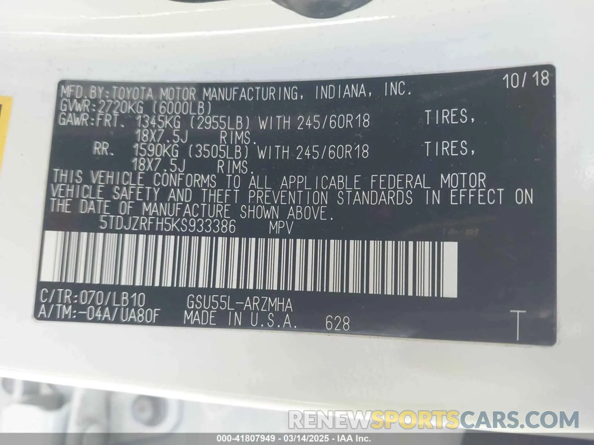 9 Фотография поврежденного автомобиля 5TDJZRFH5KS933386 TOYOTA HIGHLANDER 2019