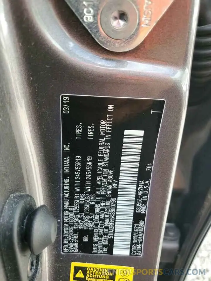 13 Фотография поврежденного автомобиля 5TDJZRFH5KS980790 TOYOTA HIGHLANDER 2019