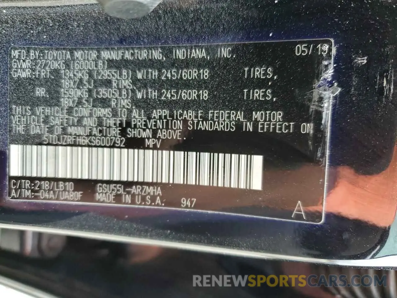 14 Photograph of a damaged car 5TDJZRFH6KS600792 TOYOTA HIGHLANDER 2019