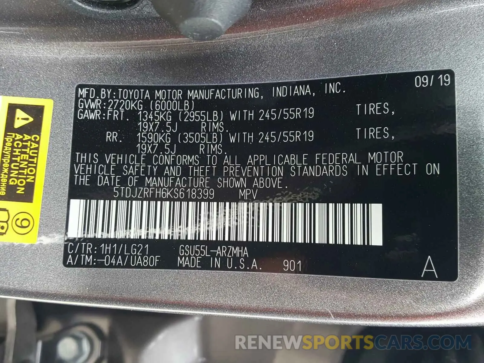 10 Photograph of a damaged car 5TDJZRFH6KS618399 TOYOTA HIGHLANDER 2019