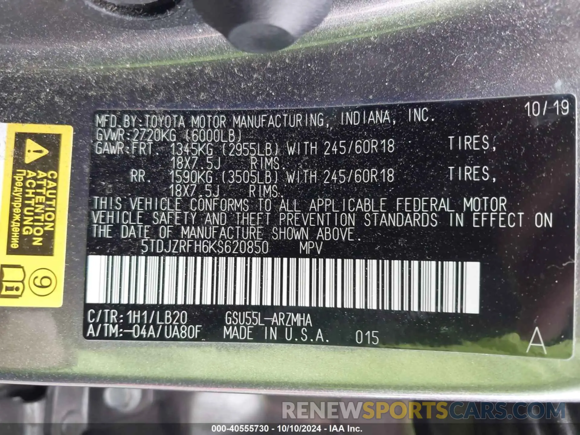9 Photograph of a damaged car 5TDJZRFH6KS620850 TOYOTA HIGHLANDER 2019
