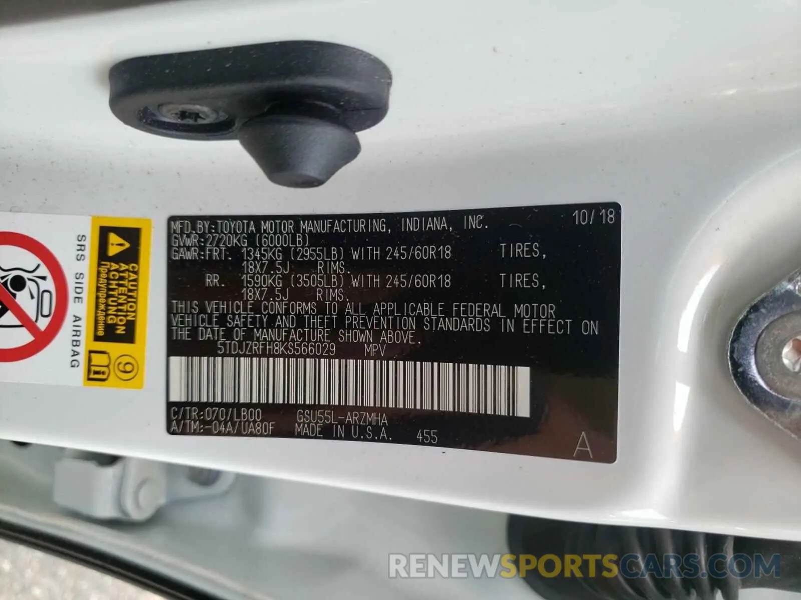 10 Photograph of a damaged car 5TDJZRFH8KS566029 TOYOTA HIGHLANDER 2019