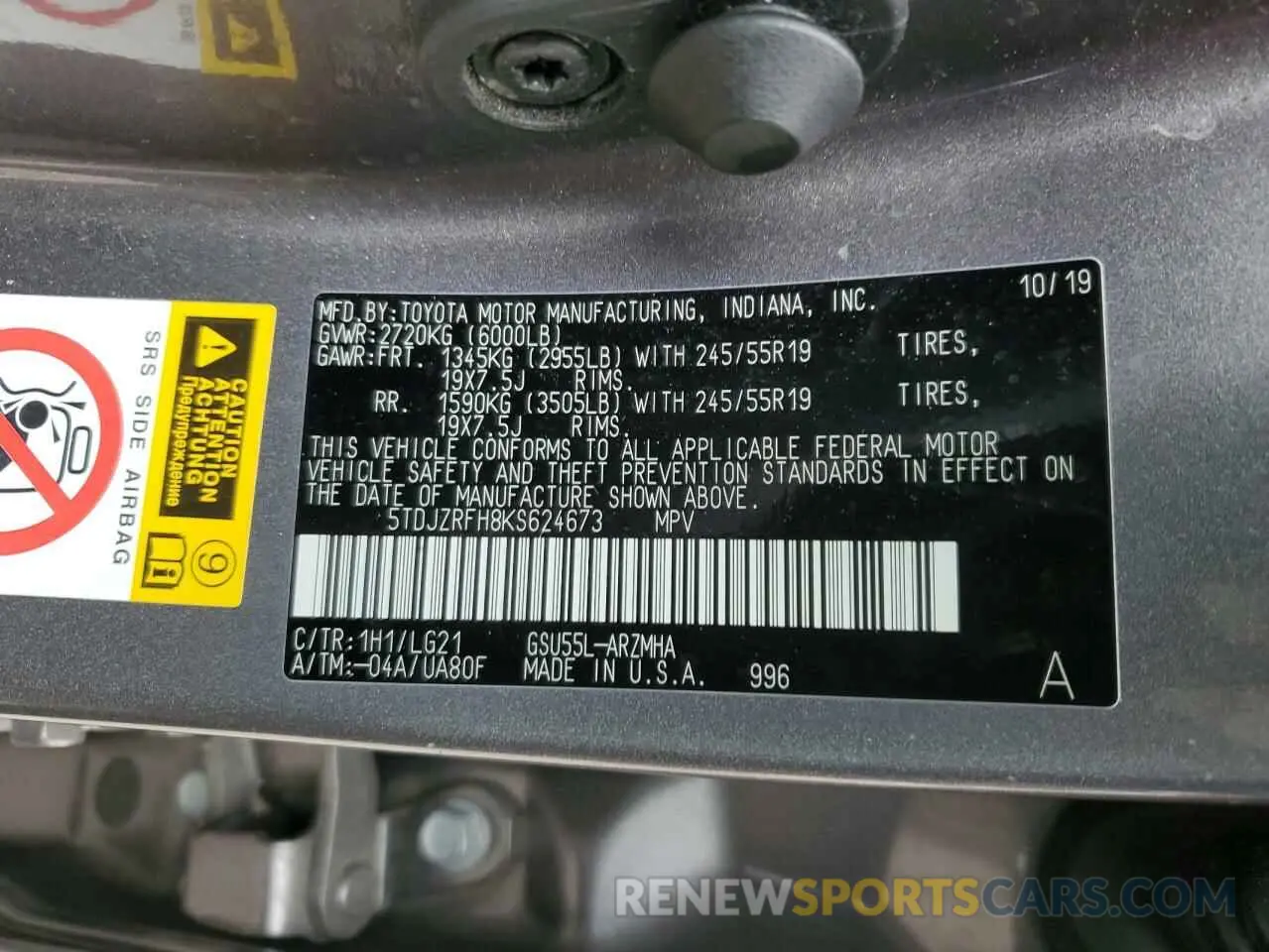 13 Фотография поврежденного автомобиля 5TDJZRFH8KS624673 TOYOTA HIGHLANDER 2019
