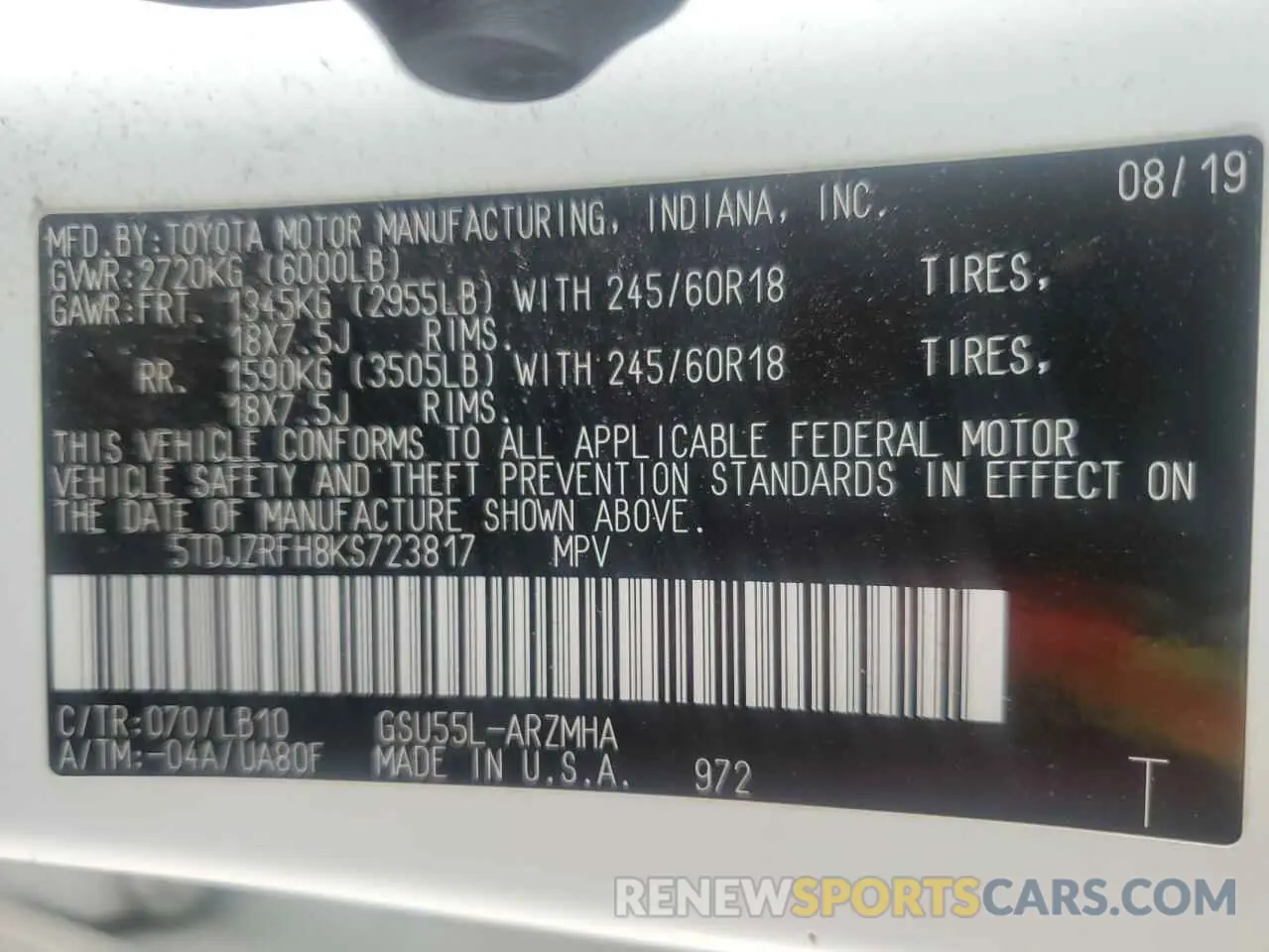 15 Фотография поврежденного автомобиля 5TDJZRFH8KS723817 TOYOTA HIGHLANDER 2019
