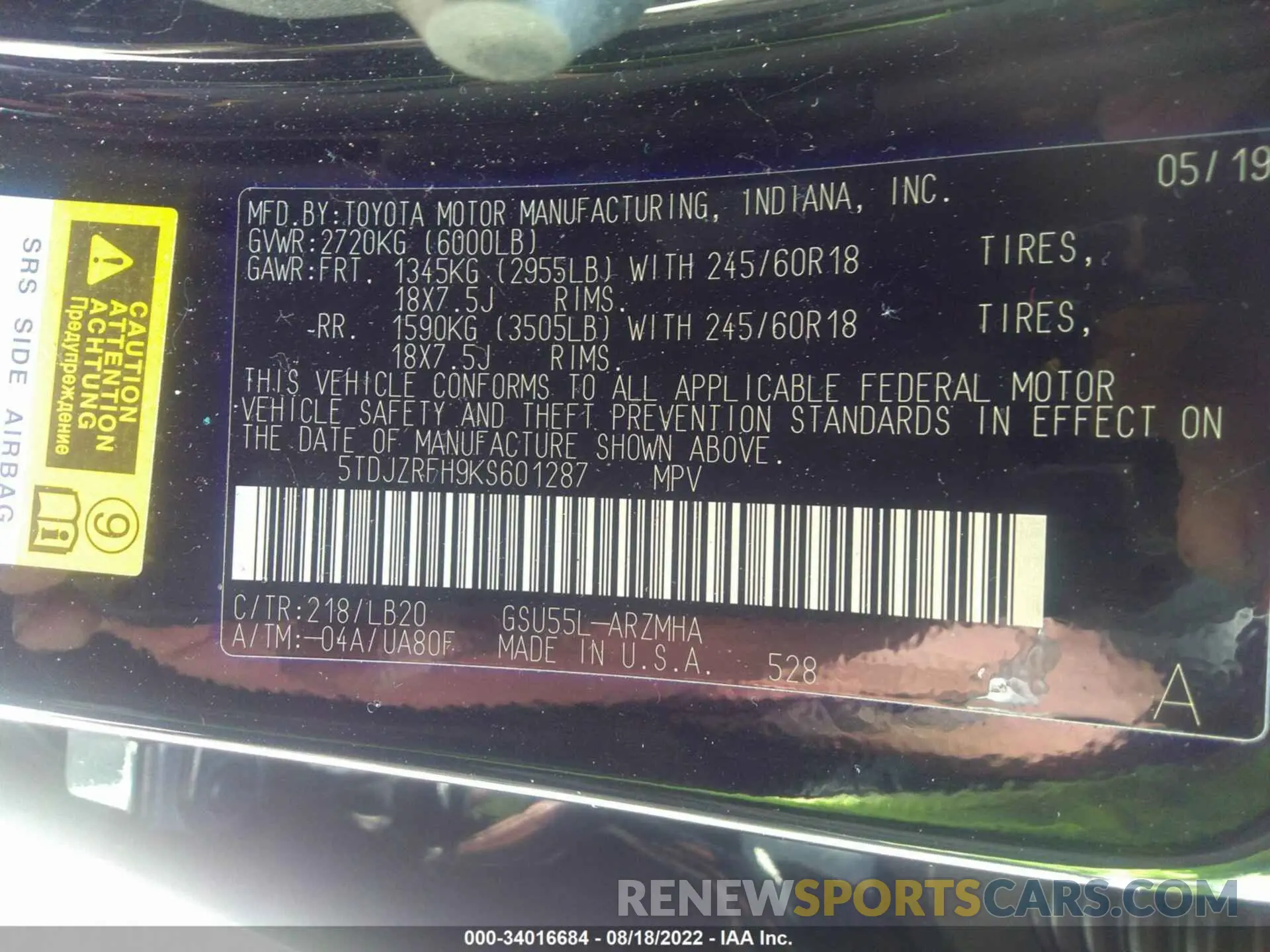 9 Photograph of a damaged car 5TDJZRFH9KS601287 TOYOTA HIGHLANDER 2019