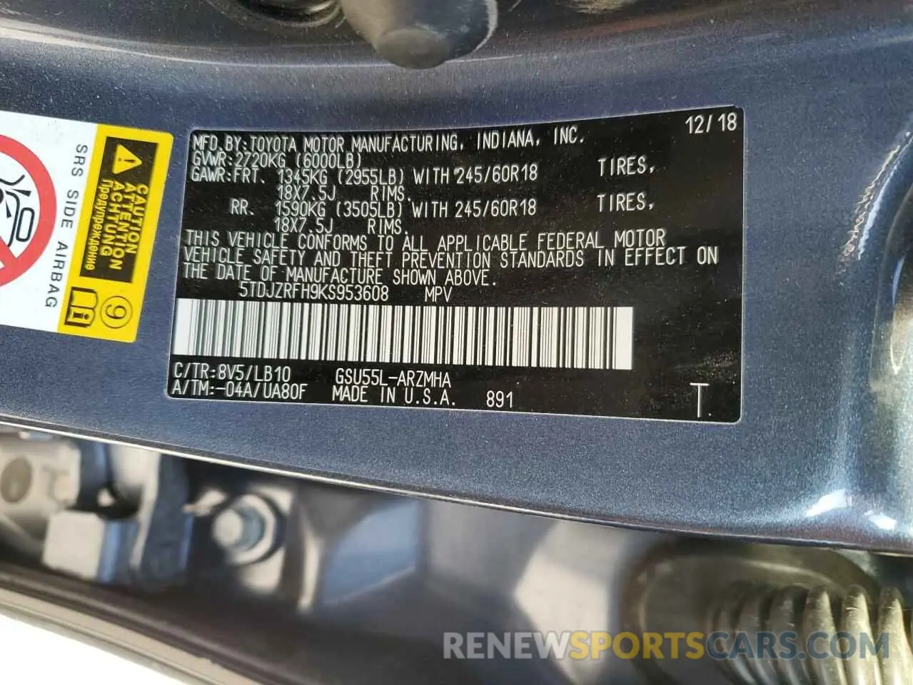 14 Photograph of a damaged car 5TDJZRFH9KS953608 TOYOTA HIGHLANDER 2019