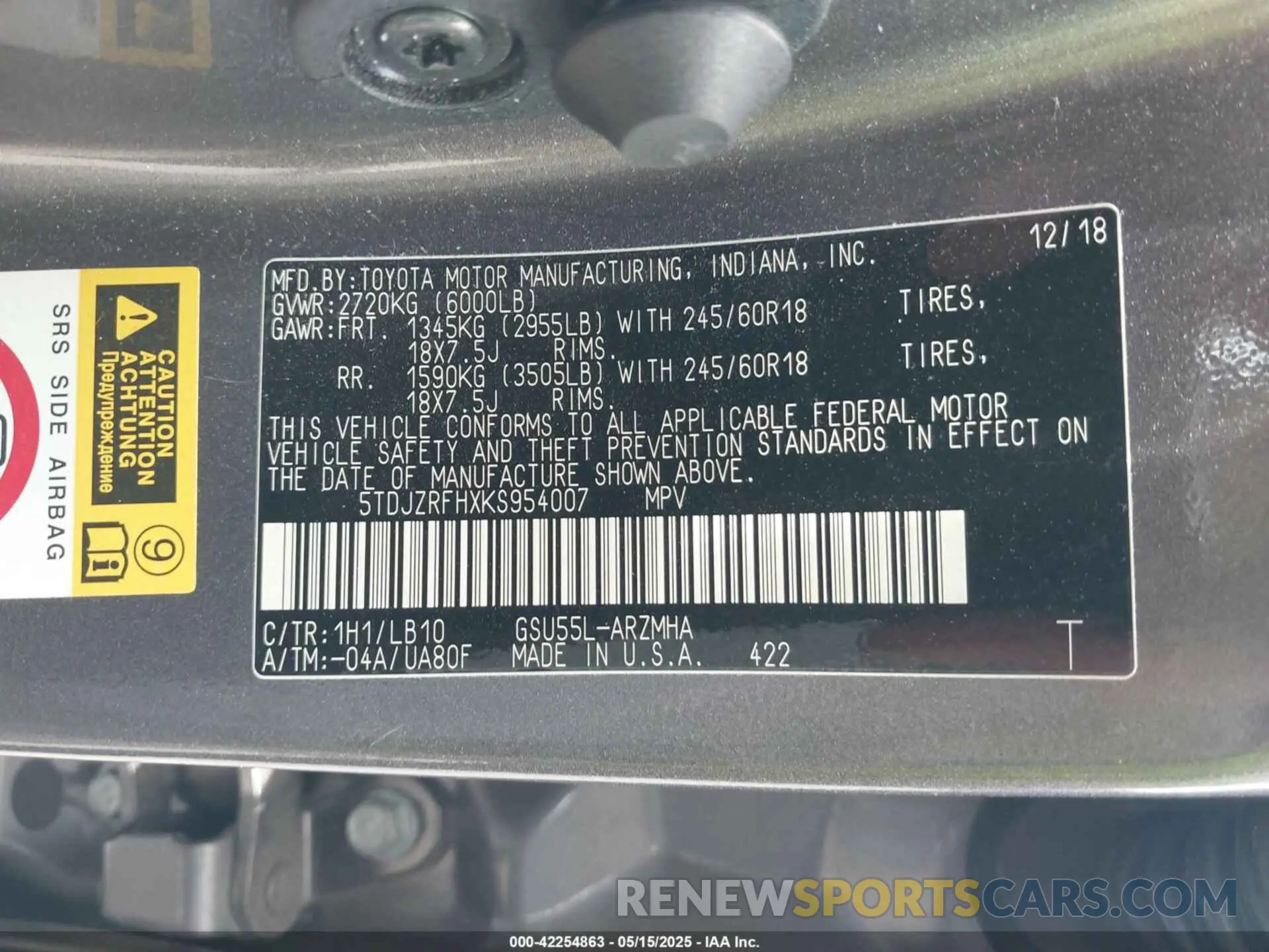 9 Photograph of a damaged car 5TDJZRFHXKS954007 TOYOTA HIGHLANDER 2019