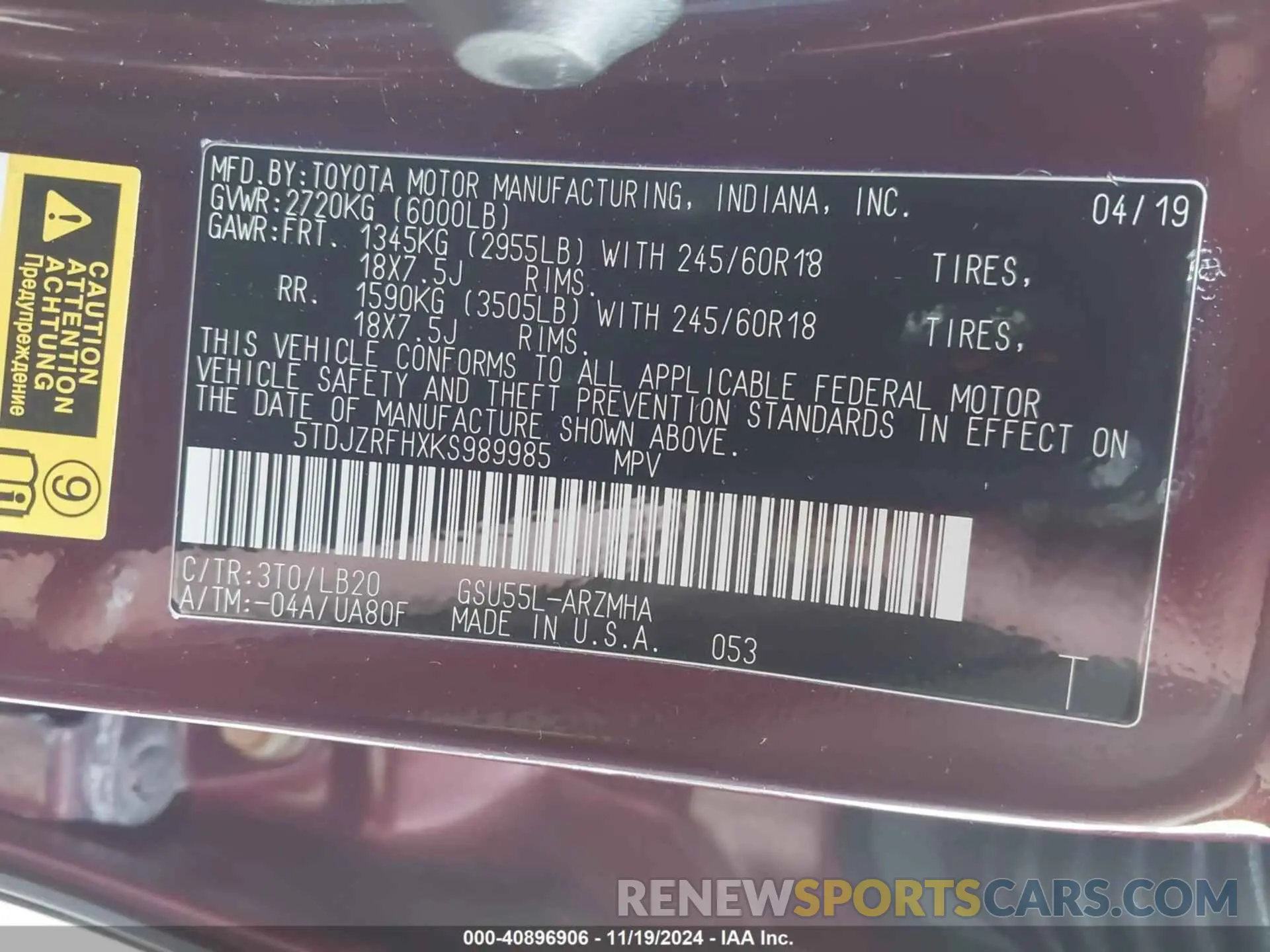 9 Photograph of a damaged car 5TDJZRFHXKS989985 TOYOTA HIGHLANDER 2019