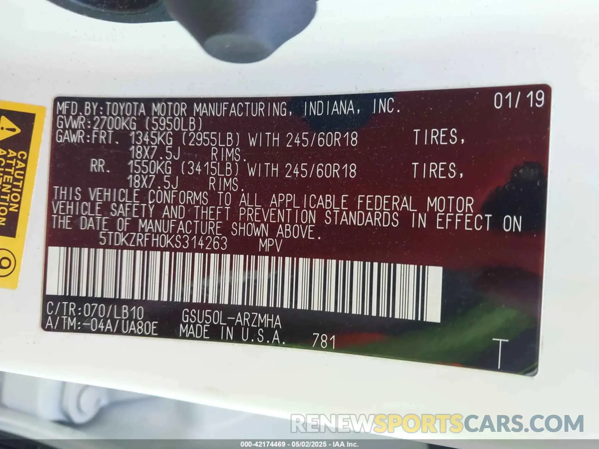 9 Фотография поврежденного автомобиля 5TDKZRFH0KS314263 TOYOTA HIGHLANDER 2019