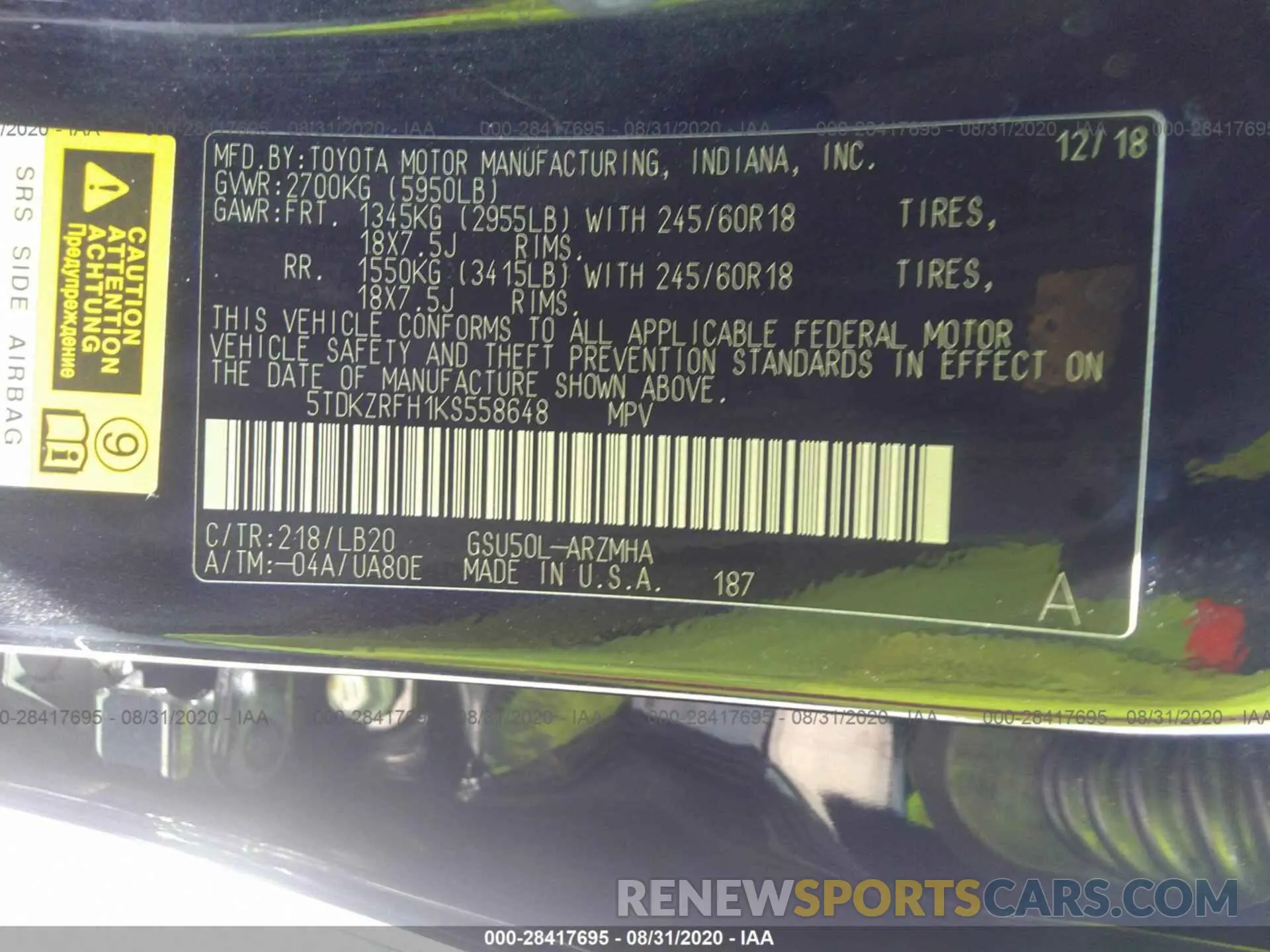 9 Photograph of a damaged car 5TDKZRFH1KS558648 TOYOTA HIGHLANDER 2019
