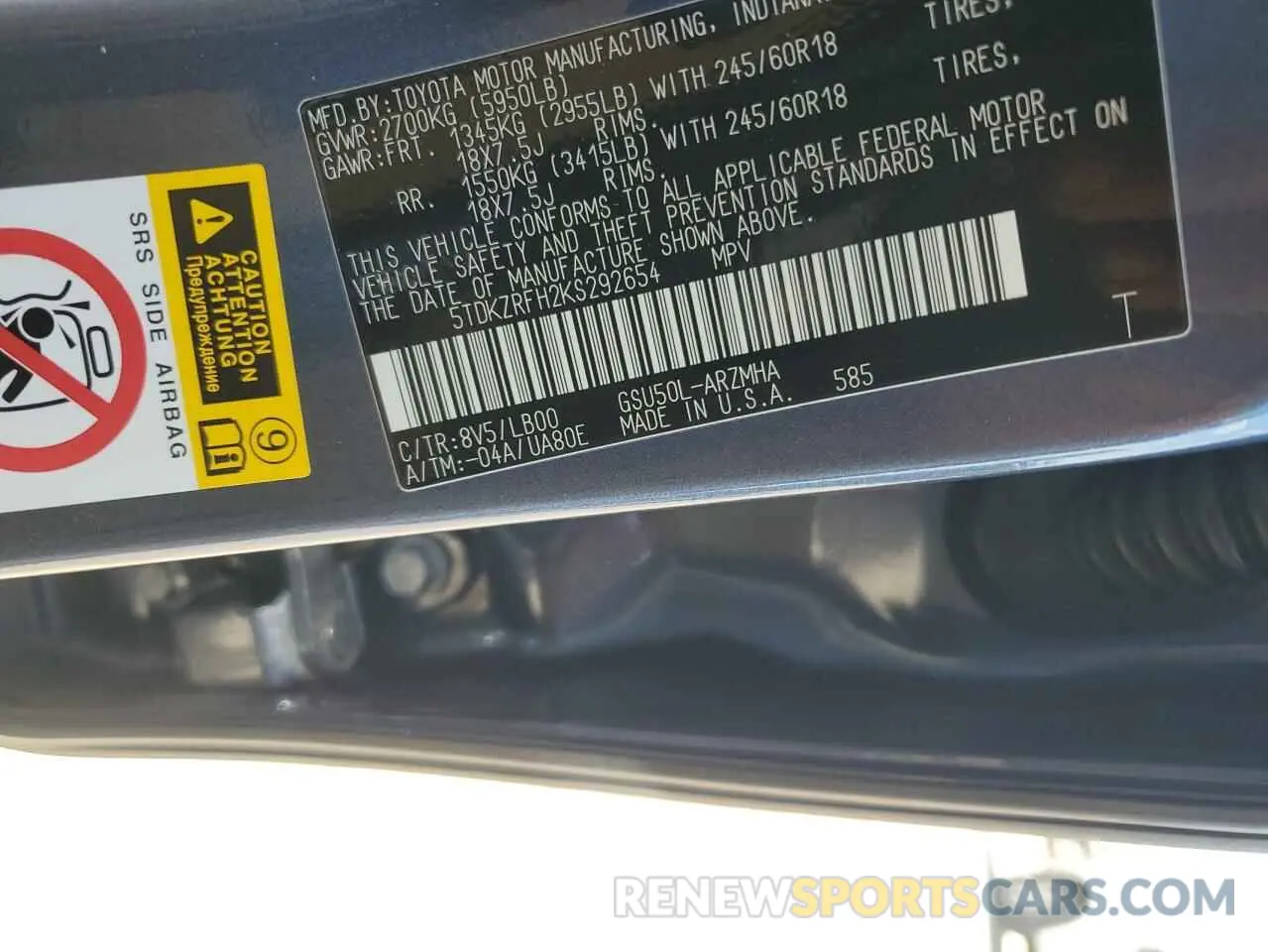 14 Фотография поврежденного автомобиля 5TDKZRFH2KS292654 TOYOTA HIGHLANDER 2019