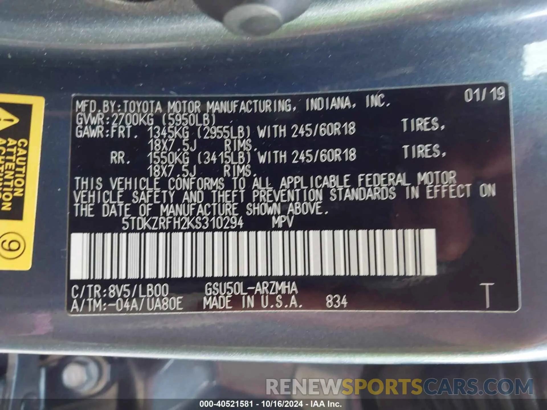 9 Photograph of a damaged car 5TDKZRFH2KS310294 TOYOTA HIGHLANDER 2019