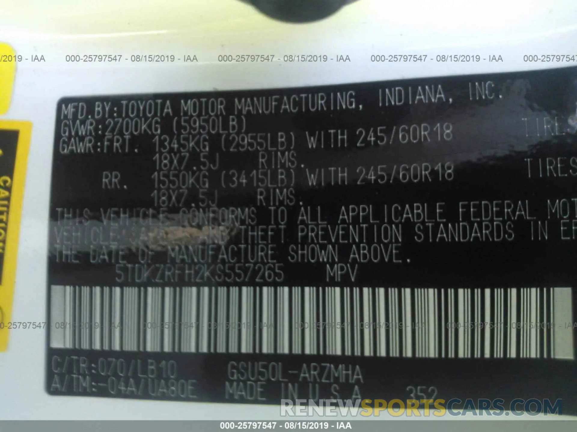 9 Photograph of a damaged car 5TDKZRFH2KS557265 TOYOTA HIGHLANDER 2019