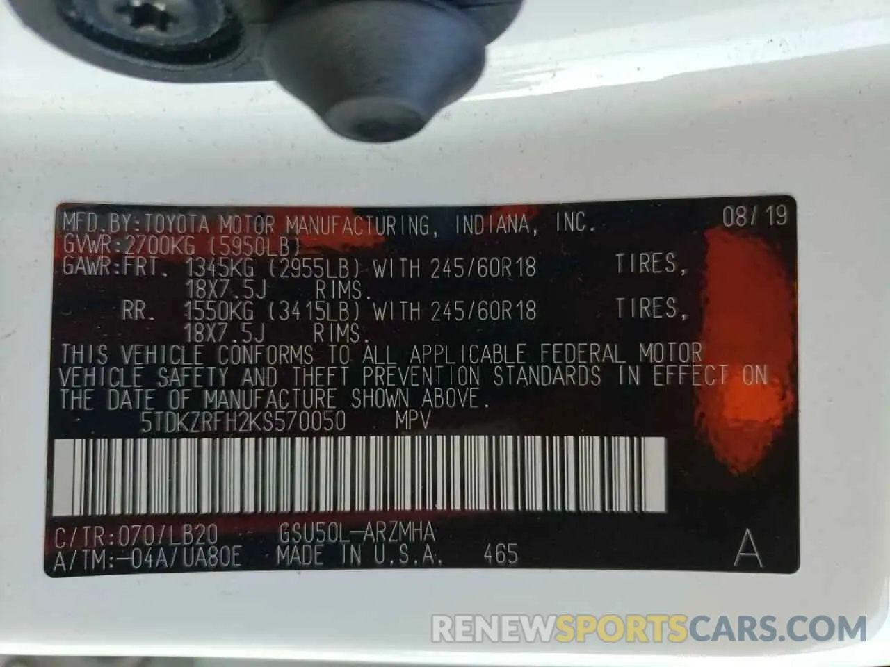 10 Photograph of a damaged car 5TDKZRFH2KS570050 TOYOTA HIGHLANDER 2019