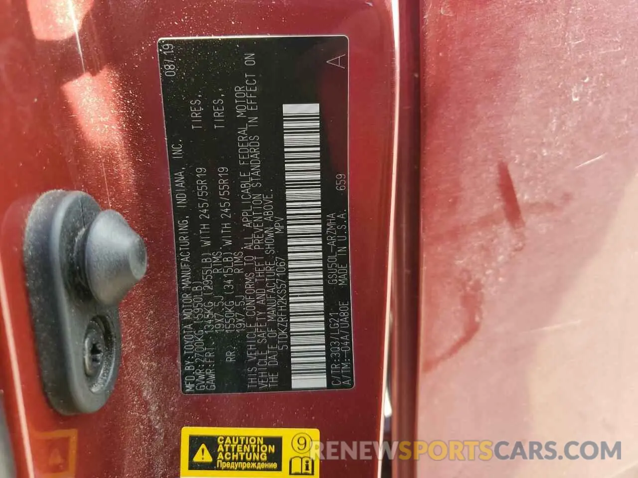 15 Photograph of a damaged car 5TDKZRFH2KS571067 TOYOTA HIGHLANDER 2019