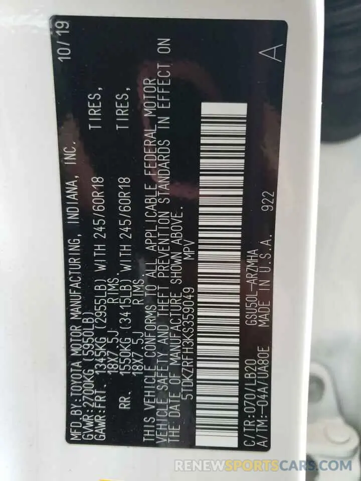 13 Фотография поврежденного автомобиля 5TDKZRFH3KS359049 TOYOTA HIGHLANDER 2019