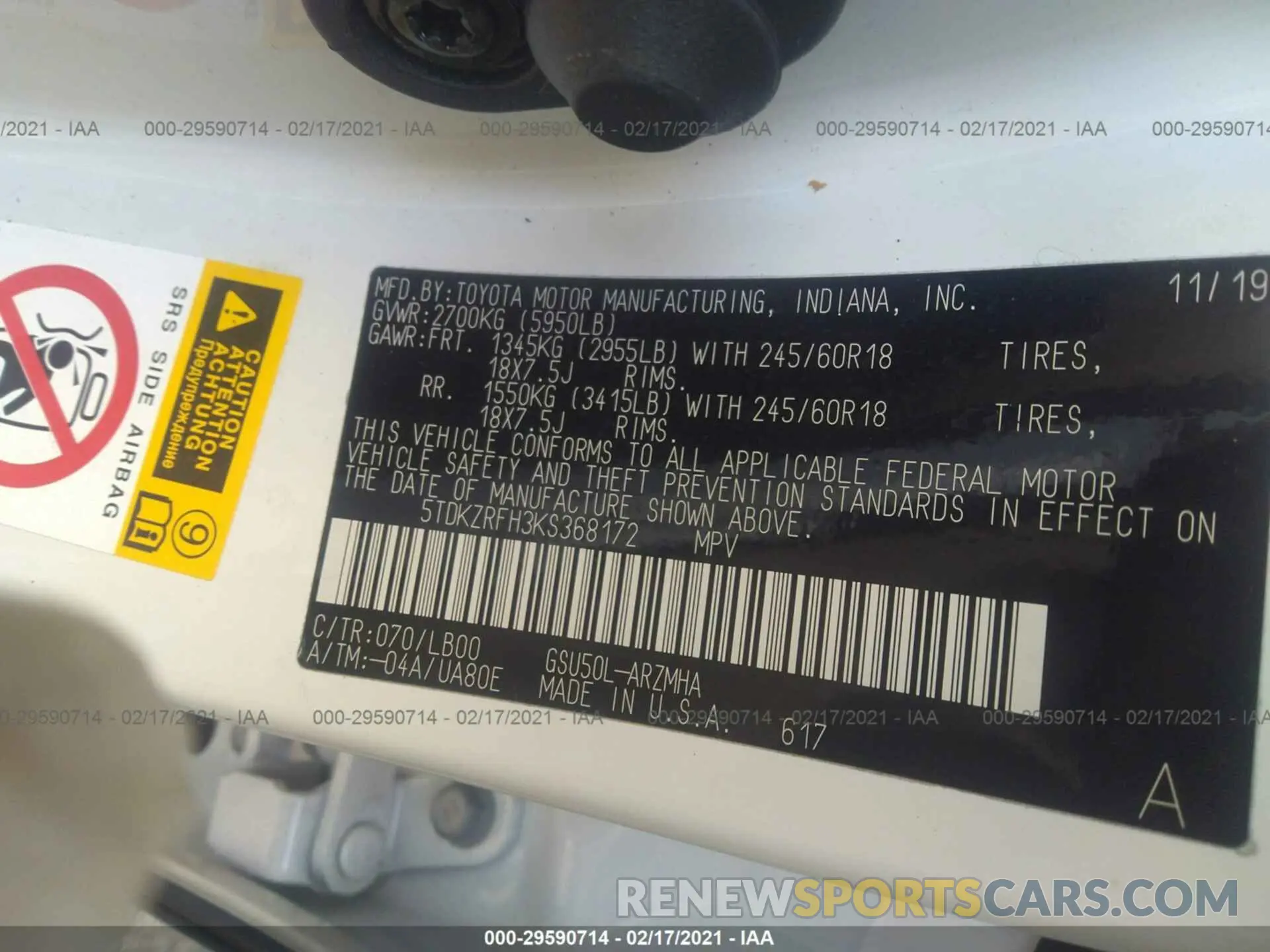9 Photograph of a damaged car 5TDKZRFH3KS368172 TOYOTA HIGHLANDER 2019