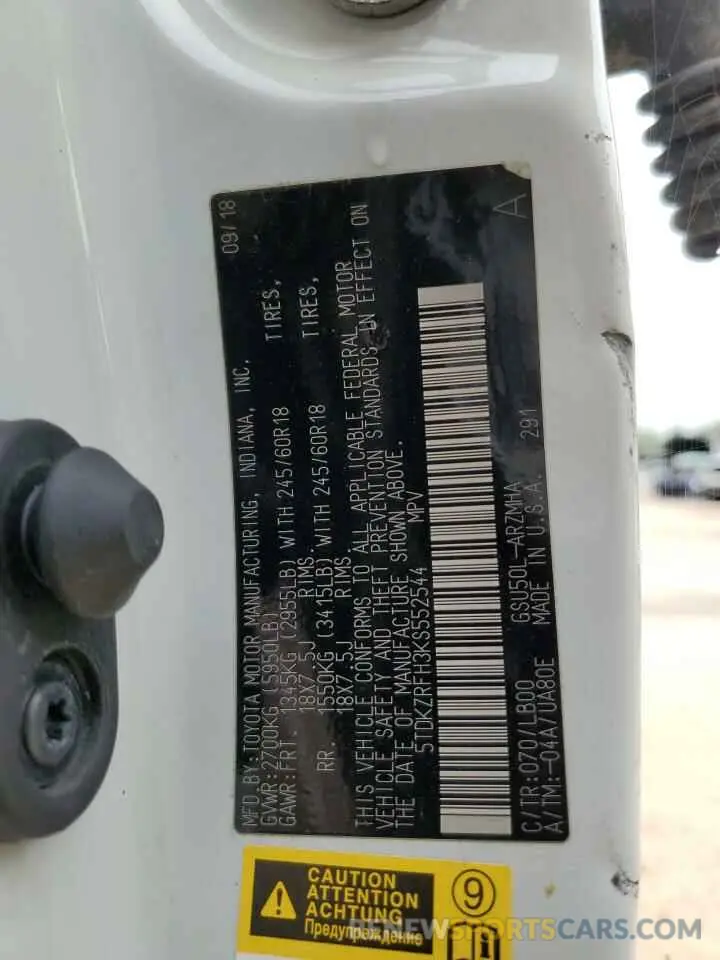 13 Photograph of a damaged car 5TDKZRFH3KS552544 TOYOTA HIGHLANDER 2019