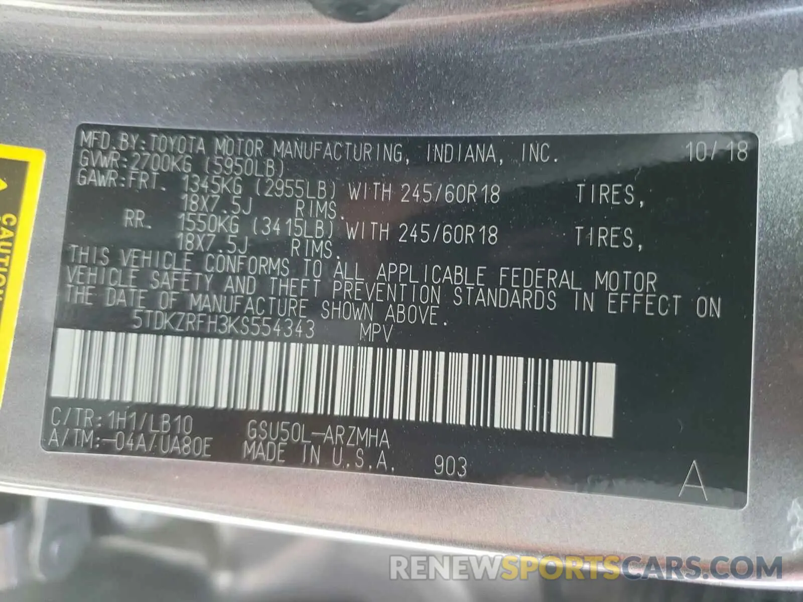 10 Photograph of a damaged car 5TDKZRFH3KS554343 TOYOTA HIGHLANDER 2019