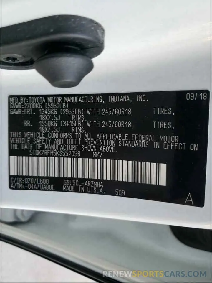 10 Photograph of a damaged car 5TDKZRFH5KS552058 TOYOTA HIGHLANDER 2019