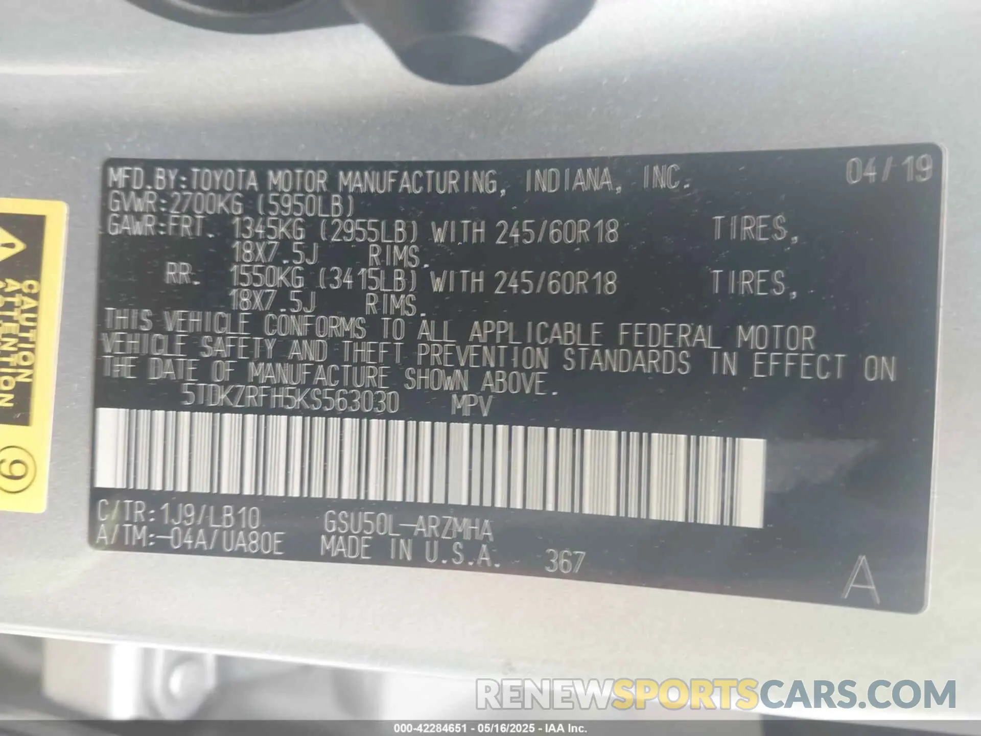 9 Фотография поврежденного автомобиля 5TDKZRFH5KS563030 TOYOTA HIGHLANDER 2019