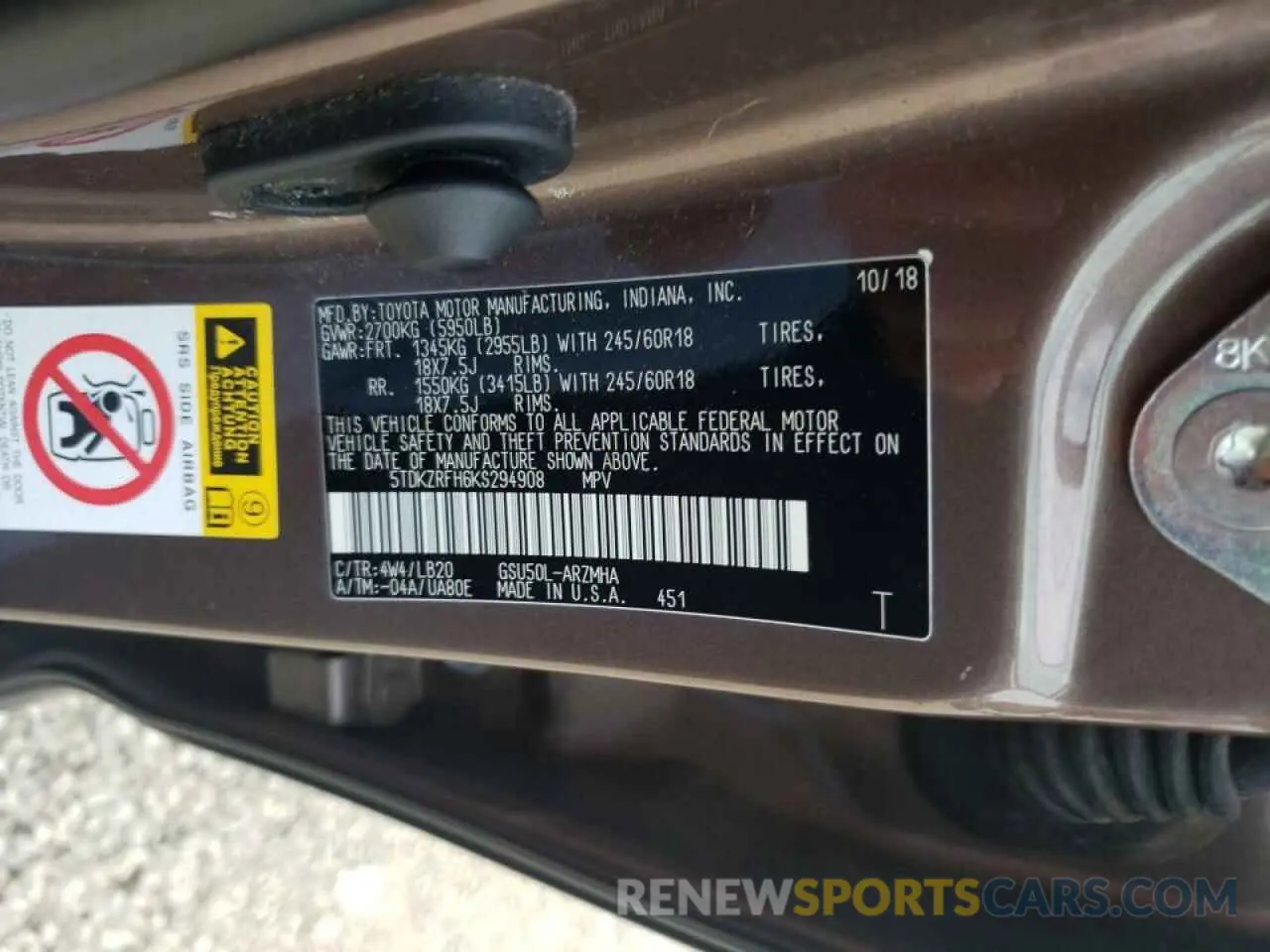 10 Photograph of a damaged car 5TDKZRFH6KS294908 TOYOTA HIGHLANDER 2019